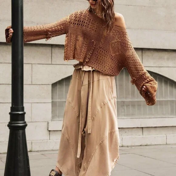 Brown Casual Women's Loose Fit Boat Neck Vacation Sweater - Picture 6 of 8